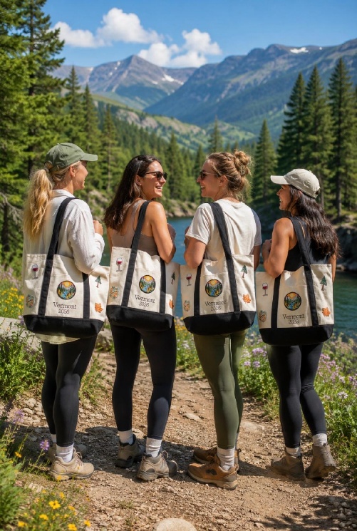 Group with Vermont hiking totes